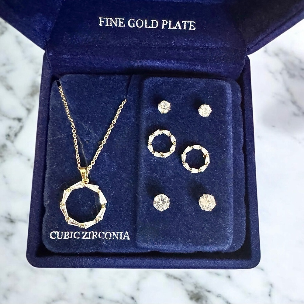 Danecraft Cubic Zirconia Circle Pendant & 3 Pair Stud Earring Set - Picture 5 of 15